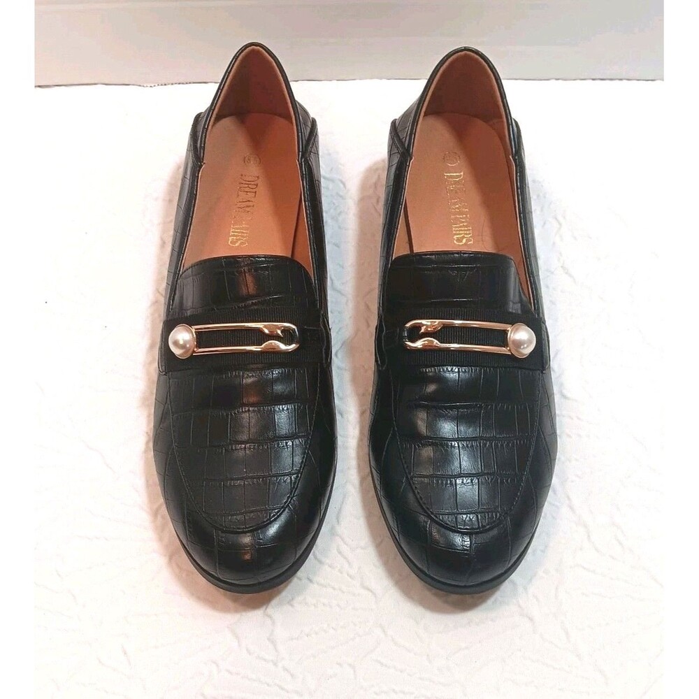 DREAM PAIRS Black Croc Embossed Loafer Vegan Leather Pearl Gold Buckle Flats 8.5